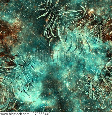 Exotic Seamless Pattern. Turquoise Cosmic Background. Fashion Hand Drawn Texture. Exotic Seamless Pa