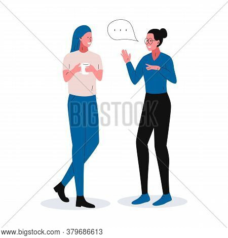 Two Girls Having A Nice Conversation. Vector Illustration Ot Two Smiling Women Standing And Communic
