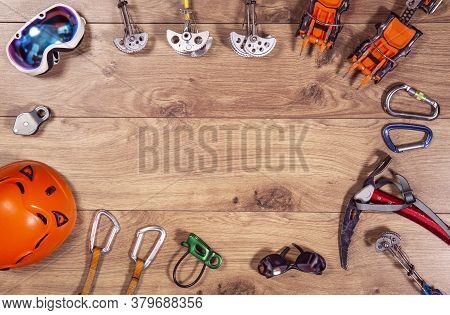 Climbing Adventure Equipment Flat Lay View. Top View Of Extreme Mounteneering Tools Like Helmet, Cam