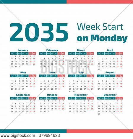 2035 Calendar With The Weeks Start On Monday