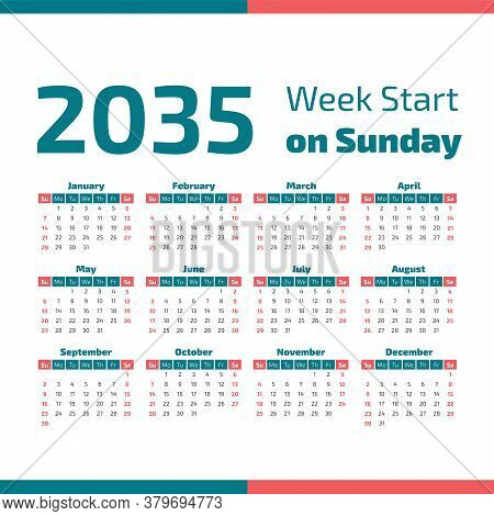 2035 Calendar With The Weeks Start On Sunday