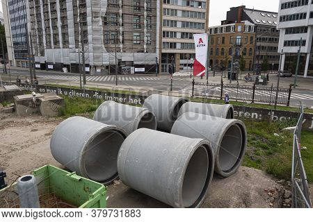 Antwerp, Belgium, July 19, 2020, Concrete Sewer Pipes For The Reconstruction Of The Scheldt Quays