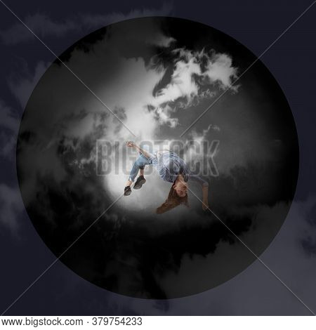 Mid-air Beauty, Moonlight. Full Length Shot Of Attractive Young Woman Hovering In Air And Keeping Ey