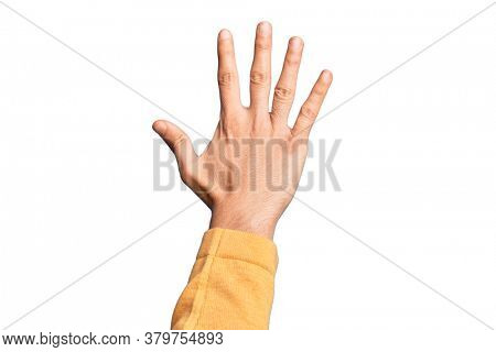 Hand of caucasian young man showing fingers over isolated white background counting number 5 showing five fingers