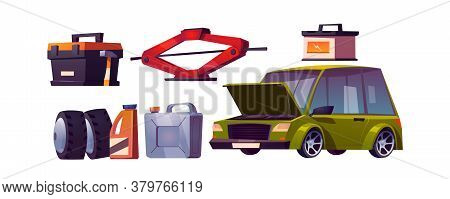 Car Repair Shop, Auto Maintenance. Vector Cartoon Set Of Automobile And Equipment For Check And Fix 