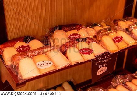 Menorca, Spain - October 14, 2019: Traditional Spanish Cheese At A Local Menorca Supermarket