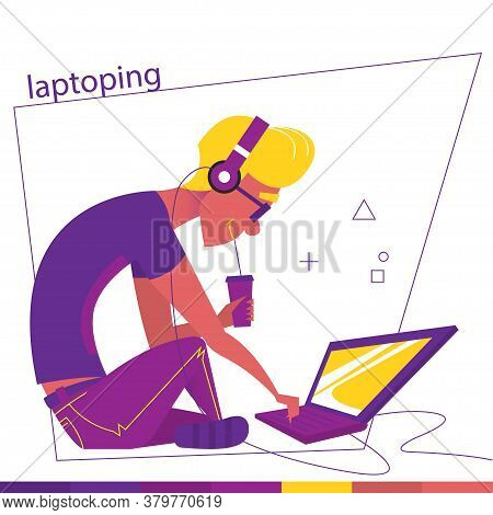 A Man Is Sitting And Laptoping. A Man And Laptop Flat Design. A Sitting Character Man Drinks Some Be