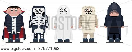 Halloween Kids Wearing Monsters Costumes. Happy Halloween Characters For Your Business Project. Hall