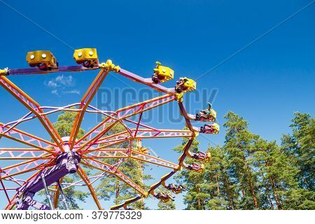 Kouvola, Finland - 14 July 2020: Extreme Ride Endeavour In Motion In Amusement Park Tykkimaki