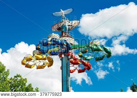Kouvola, Finland - 14 July 2020: Extreme Ride Taifun In Motion In Amusement Park Tykkimaki