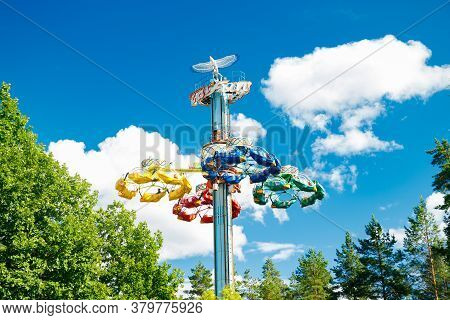 Kouvola, Finland - 14 July 2020: Extreme Ride Taifun In Motion In Amusement Park Tykkimaki