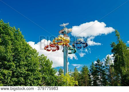 Kouvola, Finland - 14 July 2020: Extreme Ride Taifun In Motion In Amusement Park Tykkimaki