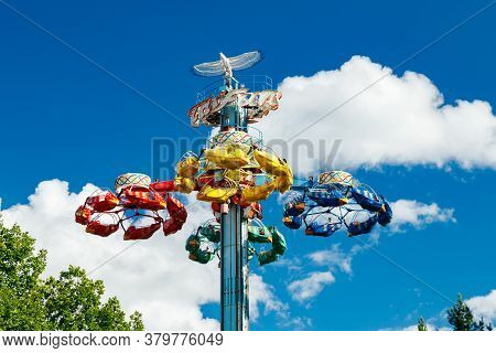 Kouvola, Finland - 14 July 2020: Extreme Ride Taifun In Motion In Amusement Park Tykkimaki