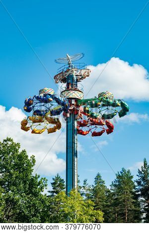 Kouvola, Finland - 14 July 2020: Extreme Ride Taifun In Motion In Amusement Park Tykkimaki
