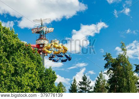 Kouvola, Finland - 14 July 2020: Extreme Ride Taifun In Motion In Amusement Park Tykkimaki