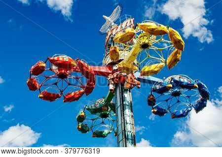 Kouvola, Finland - 14 July 2020: Extreme Ride Taifun In Motion In Amusement Park Tykkimaki