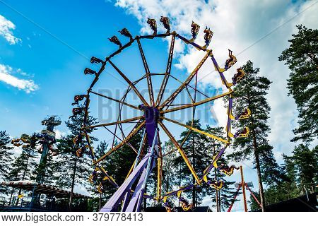 Kouvola, Finland - 14 July 2020: Extreme Ride Endeavour In Motion In Amusement Park Tykkimaki