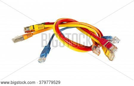 Multi-colored Cables For A Computer Network Twisted Together. Isolated Over White Background.