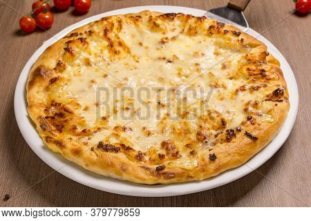 Megrelian Khachapuri Adyghe Cheese, Suluguni Butter Fork Spoon Salt Shaker Pepper Shaker, Close-up.