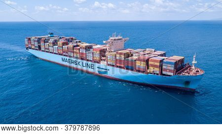 Mediterranean Sea - June 25, 2020: Maersk Hidalgo Mega Container Ship. Ulcv Fully Loaded With Freigh