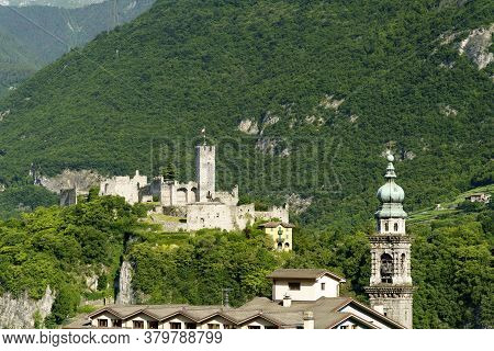 View Of Breno, Brescia, Lombardy, Italy, From The Road To Crocedomini Pass At Summer. Mountain Lands