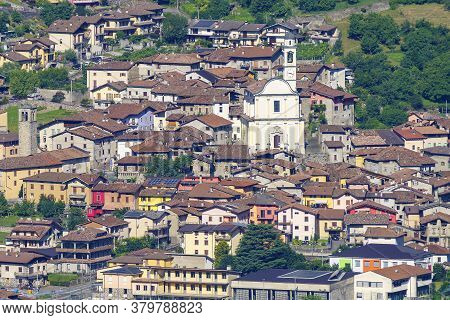 View Of Breno, Brescia, Lombardy, Italy, From The Road To Crocedomini Pass At Summer. Mountain Lands