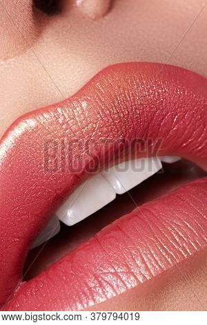 Glamour Fashion Bright Red Lips Make-up With Gold Glitter. Macro Of Woman's Face Part. Sexy Lip Make