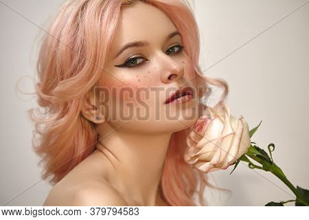 Soft-girl Style With Trend Pink Flying Hair, Fashion Make-up. Blond Woman Face With Freckles, Blush