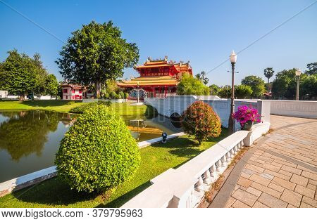 Phra Thinang Wehart Chamrun In Bang Pa-in Royal Palace Or The Summer Palace With Beautiful Garden In