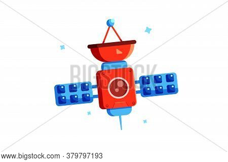 Modern Tech Satellite With Antennas In Flat Style.