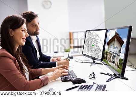 Cadastral Building Land Map On Computer. Cadastre Valuation