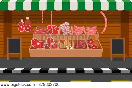 Viwe Of Outdoor Meat Shop On The Street In City