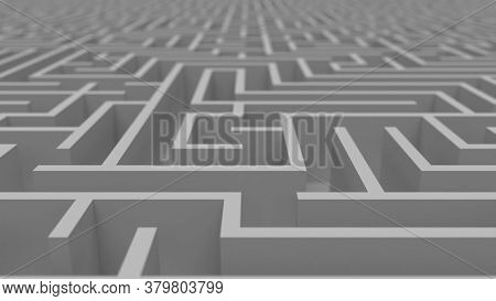 Huge White Grey Maze. Сhoices And Challenge Theme. Сomplex Way To Find Exit, Business Concept Or Edu
