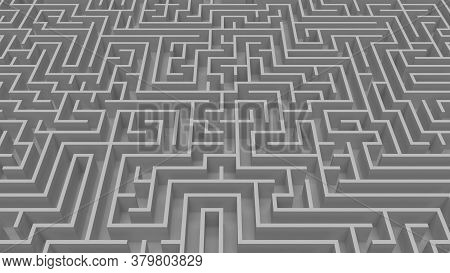 Huge White Grey Maze. Сhoices And Challenge Theme. Сomplex Way To Find Exit, Business Concept Or Edu