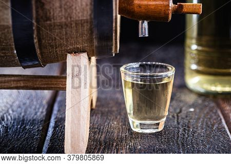 Small Dose Glasses, High Quality Distilled Alcohol. Brazilian Cachaça (called Pinga), Dripping, With