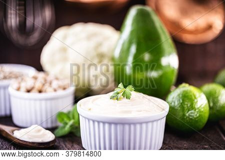 Vegan Mayonnaise, Concept Photo, Mayonnaise Made From Vegetables Without Eggs Or Milk. Avocado Cream