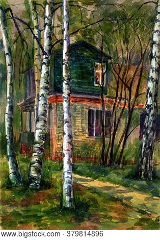 Romantic Wooden Cottage House In The Forest. Watercolor Landscape, A Rustic Green Wooden Dacha House