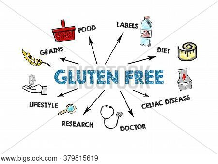 Gluten Free. Grains, Food, Celiac Disease, Research And Lifestyle Concept. Chart With Keywords And I