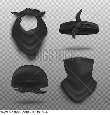 Realistic Black Bandana Mockup Set - Neck Scarf, Headband And Face Cover