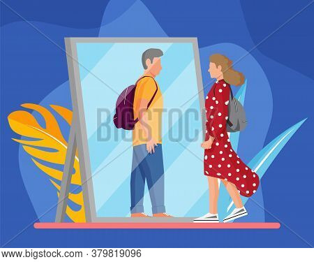 Woman Transgender Looking In Mirror And Seeing Man. Imaginary Reflection, Concept Of Transgenderism.