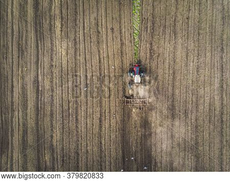 A Large Agricultural Machine Cultivates The Land. The View From The Top. Plowing Land For Planting C
