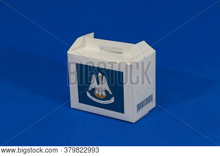 Louisiana Flag On White Box With Barcode And The Color Of State Flag On Blue Background. The Concept