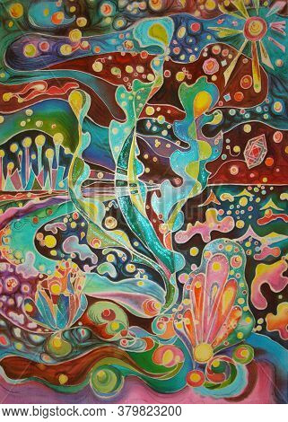 Beautiful Night Scene Of Resort Night. Decorative Seashells, Fabulous Seaweed, Night Ocean, Stars, L