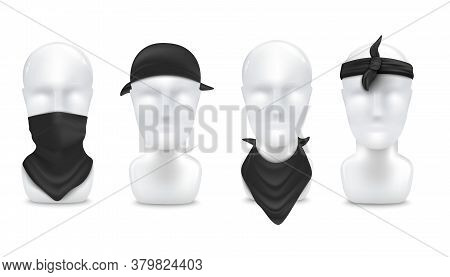 Black Bandana On Neck And Head Set, Realistic Vector Illustration Mockup Isolated.