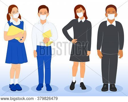 Diverse Set Of Children In School Uniform And Face Mask. Cute Cartoon Simple Flat Vector Style. Back