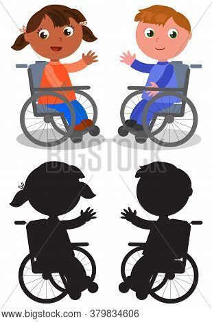 Cartoon Smiling Boy And Girl On Wheelchair Black Silhouettes, Vector Illustration