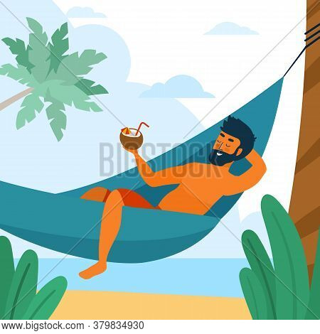 Swarthy Young Man Is Relax In Hammock With Coconut Cocktail In Hand Among Palm On Beach. Vector Flat