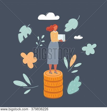 Vector Illustration Of Specialist, Woman Standing On Stack Of Money. Wages Concept On White Isolated