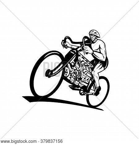 Retro Style Illustration Of A Cyclist Riding A Road Bike, Cycle Or Bicycle With V8 Engine With Eight