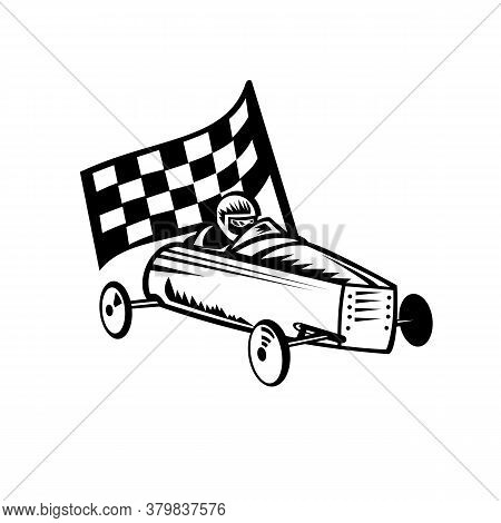 Retro Black And White Style Illustration Of A Vintage Soap Box Derby Or Soapbox Car Racer With Racin